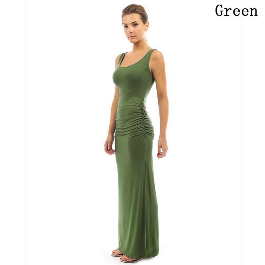 Elegant Summer Women Round Neck Slim Pleated Skirt Long Dress Sleeveless Split Swing