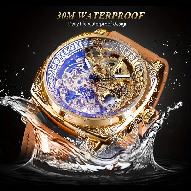 Forsining Men's Engraved Automatic Mechanical Watches, Retro Case Waterproof Hollow Luminous Pointers Casual Automatic Mechanical Wristwatch