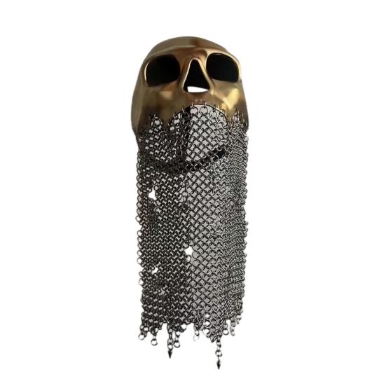 Medieval Skull Armor Masque with Chainmail Metal Skull Helmet Gothic Cosplay Costume for Halloween LARP Festivals Accessory