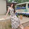 French Black Butterfly Print Suspender Dress Women's New Summer Pleated Waist and Thin Dress
