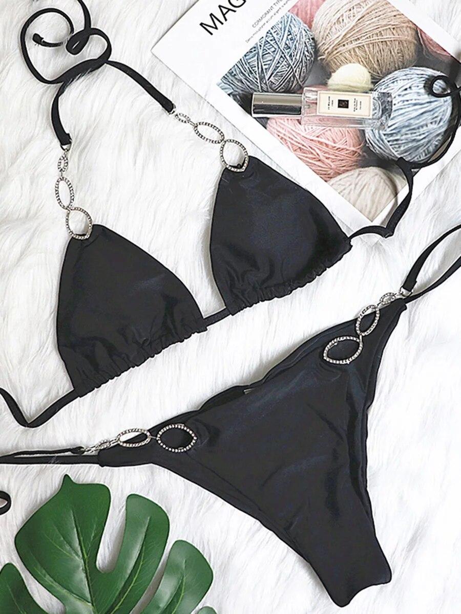 

Блестящие кристаллы и бриллианты, бикини, женский бандажный купальник с лямкой на шее, женский купальник, комплект бикини со стразами, бразильский купальный костюм L