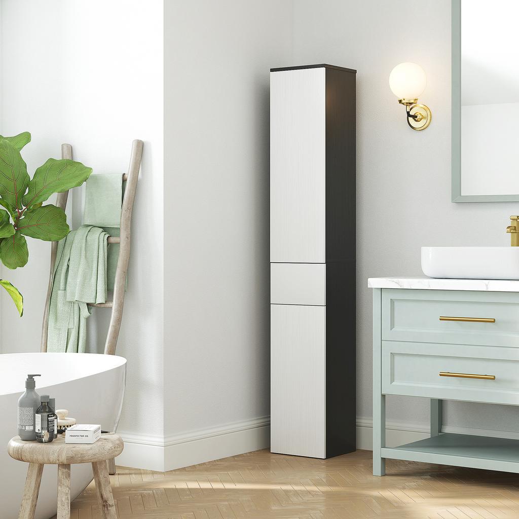 Space-Saving Bathroom Column in Wood with 2 Cabinets and Drawer, 30x28x180 cm, Black