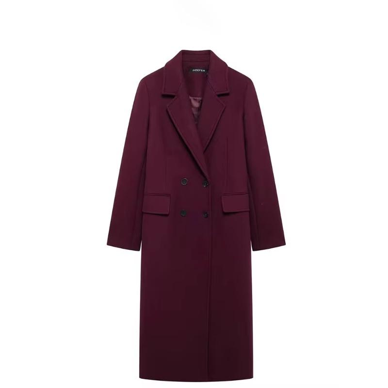 Women Fashion Burgundy Coat Double Breasted Long Sleeve Lapel Blends Jacket High Street Outerwear