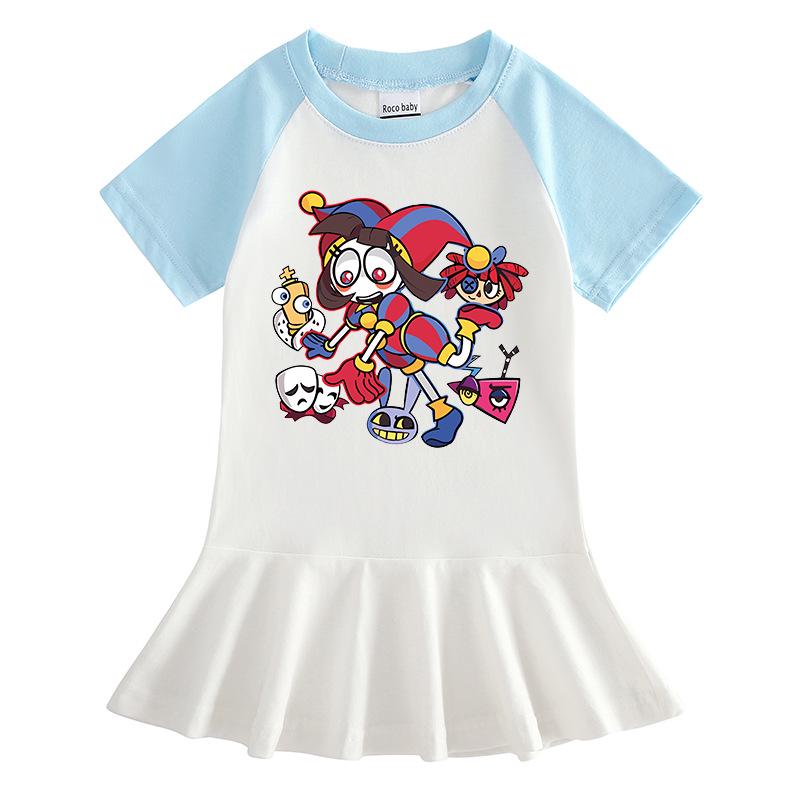 2026 Summer Korean Style Short Sleeve Cartoon Girls' Dress with Pleated Skirt