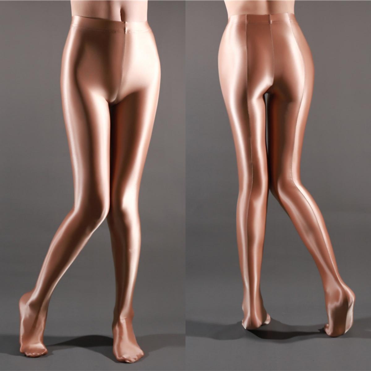 Ölige Glänzende High Waist Strumpfhose Mit Rückennaht Po-Hebende Leggings T-Schritt/Offener Schritt Nachtclub Schlanke Unterwäsche Damen Bodyformer M brown