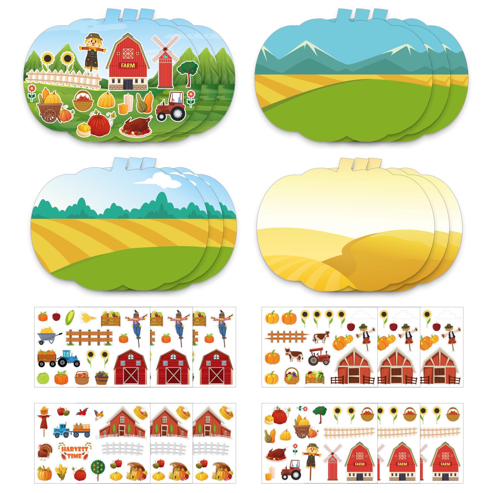 Autumn Harvest Cartoon Scene Stickers - Pumpkin & Thanksgiving Décor 17x22x0.8cm