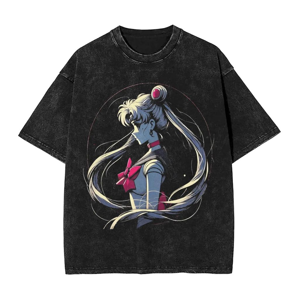 Sailor Moon "Usagi Tsukino Bunny Ears Vintage Wash" Anime Black Women And Men T-Shirt