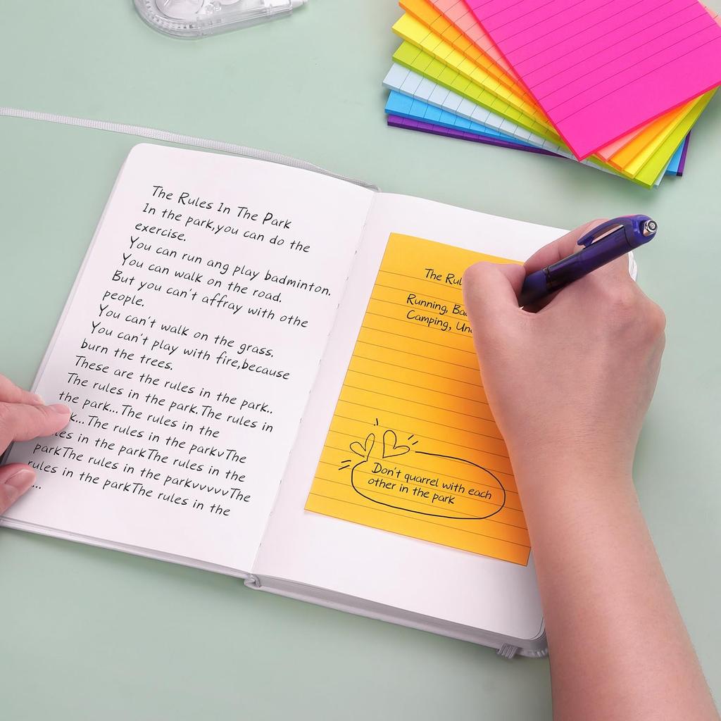 Eastern Wolf 8 Pads Lined Sticky Notes 4x6 in, Sticky Notes with Lines, Self-Stick Note Pads 8 Bright Multi Colors, 35 Sheet/Pad