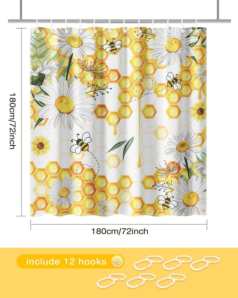 Bee Shower Curtain Set Yellow Honeycomb White Daisy Shower Curtain For Bathroom Honeybee Fabric Shower Curtain With Inches