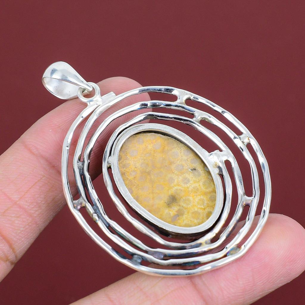 Fossil Coral Pendant Original Gemstone Pendant 925 Sterling Silver Pendant Fossil Coral Jewelry Handmade Birthstone Pendant Gifts For Mother