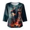 Women Casual Halloween Print Round Neck Three Quarter Sleeve Linen Cotton Blended Top Lightweight Comfortable Loose Fit Shirt