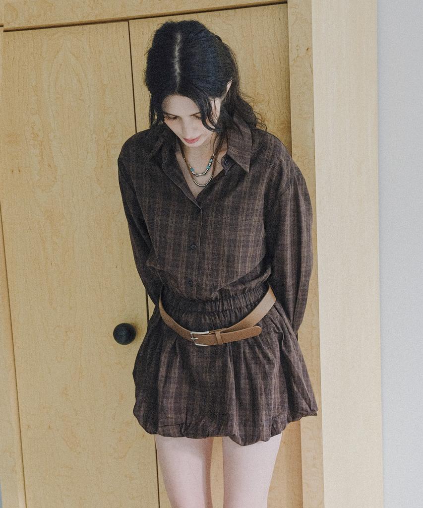 Cool Kitten Plaid Balloon Hem Shirt Dress