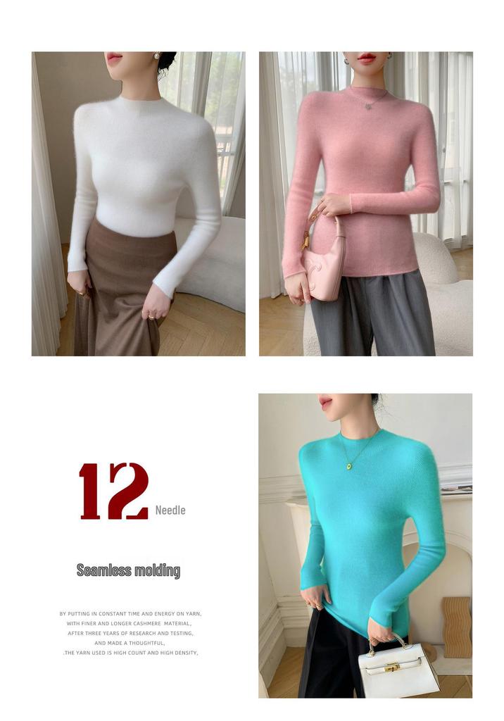 Women's Slim-Fit Cashmere Knit Top - Fashionable Half-High Neck, Casual Versatile Sweater