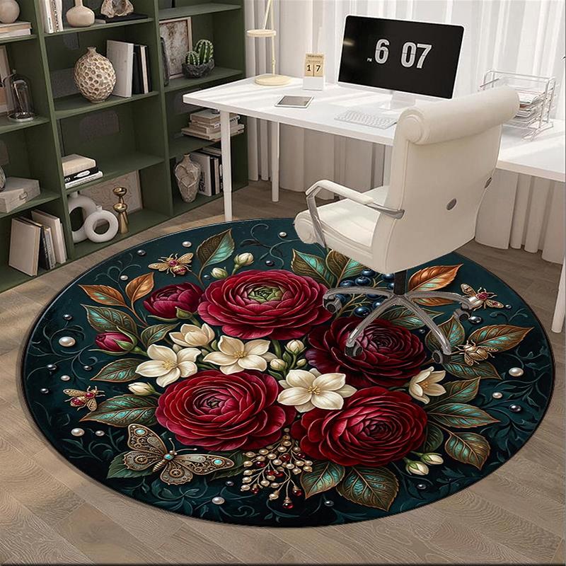 Roses And Berries Design round carpet Chair cushion Round Entryway Rug, Soft Round Rugs for Living Room, Bedroom, Circle Carpet decor gifts