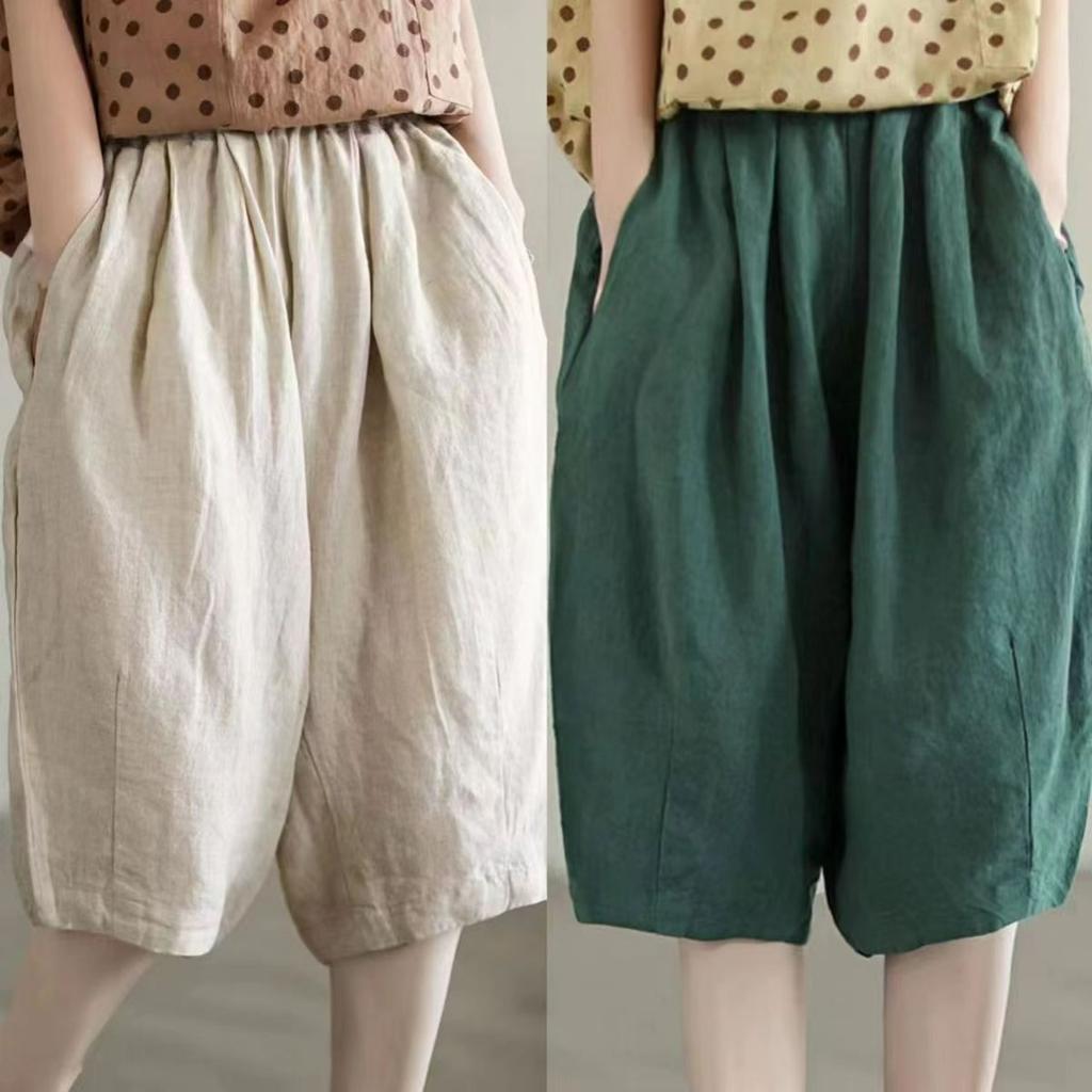 Cotton and Linen Casual Pants Women's Spring and Autumn Large Size Loose Harem Pants High Waist Slim Five-point Pants