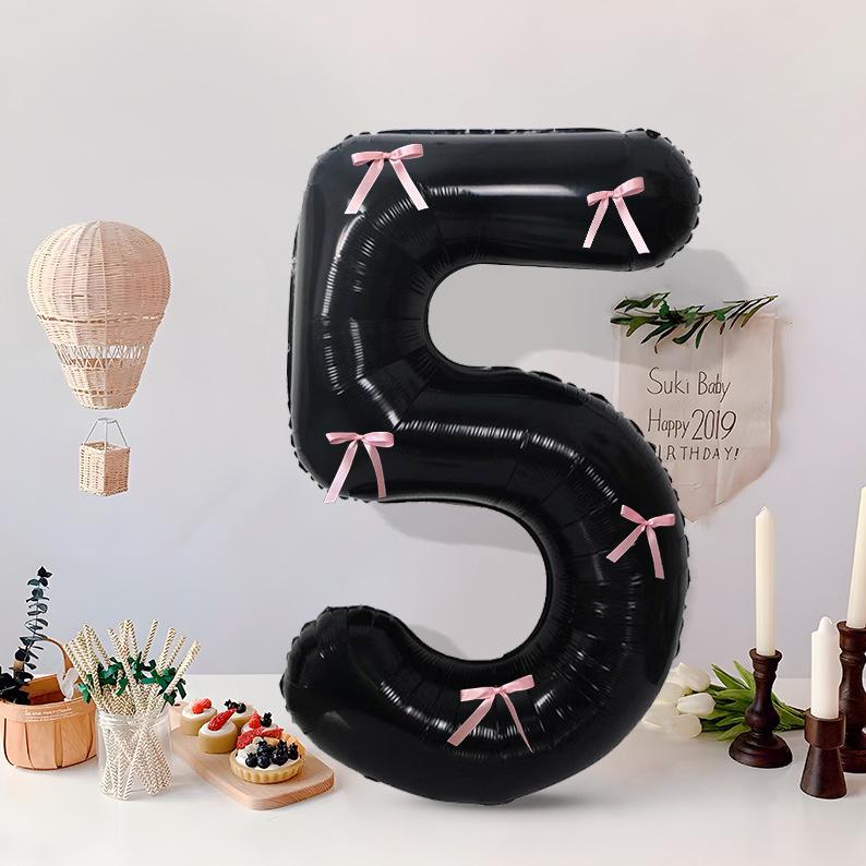 1pc Black Large Balloon Number 0-9 with Pink Bow Birthday Party Supplies Decorations Weddings Graduation Ceremonies Decoration