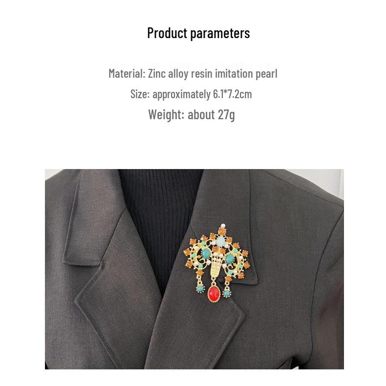 Retro European Court-Style Gemstone Brooch - Antique Replica with Full Diamond and Colorful Gems for Women