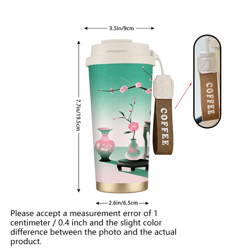532ml Coffee Mug Vase Plum Shelf Motif Strap Coffee Cup Unisex Commuter Coffee Mug Premium Gift Water Cup Leakproof Flip Car Cup