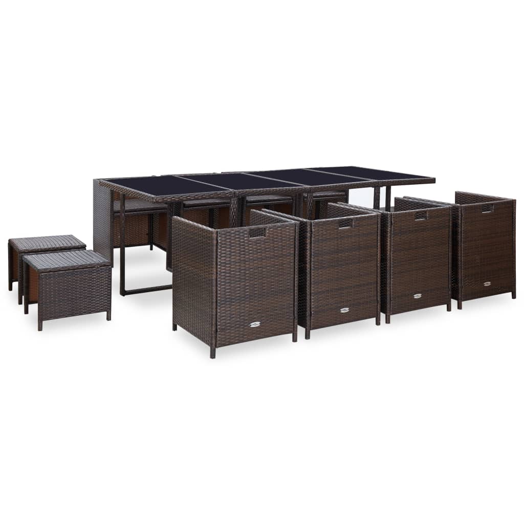 13 Piece Garden Dining Set with Cushions Poly Rattan Brown