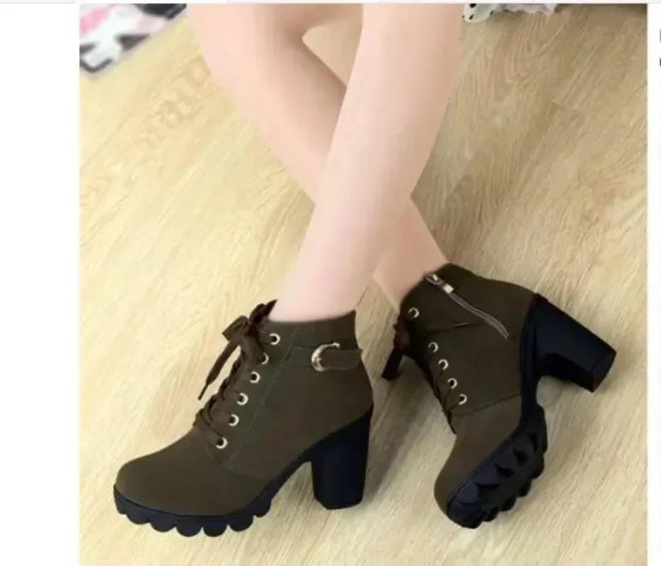 Autumn/Winter   New High Heel Women's Boots Cross Tie Short Boots Thick Heel Leather Boots