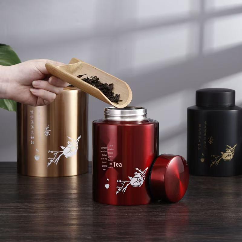 Engraved Stainless Steel Tea Storage Jar for Black, Green, and Flower Tea - Sealed Gift Packaging