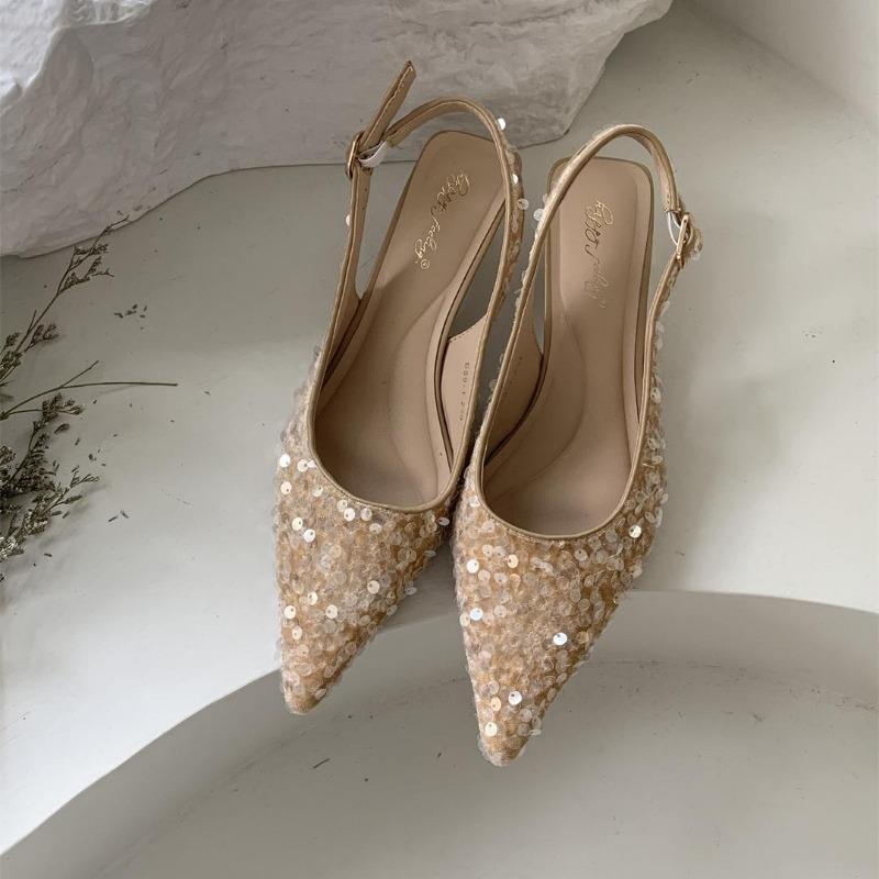 

Fashion Bling Women Sandal Fashion Pointed Toe Shallow Slip On Ladies Elegant Slingback Shoes 4cm Med Heel Pumps Shoes 40 абрикосовый