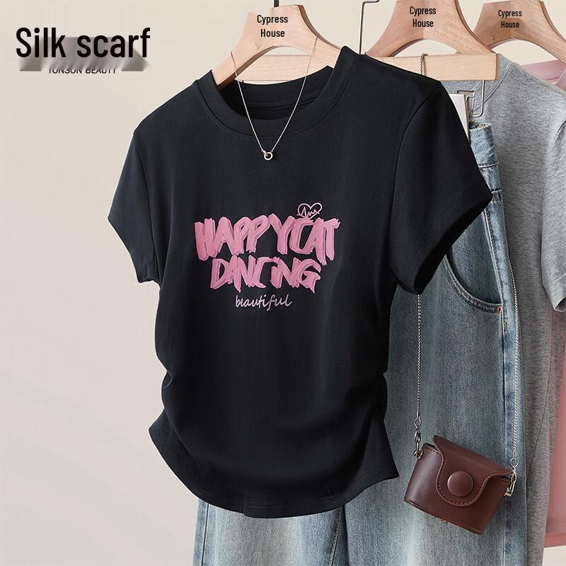 Women s Contrast Letter Print Ruched Short Sleeve T-Shirt S