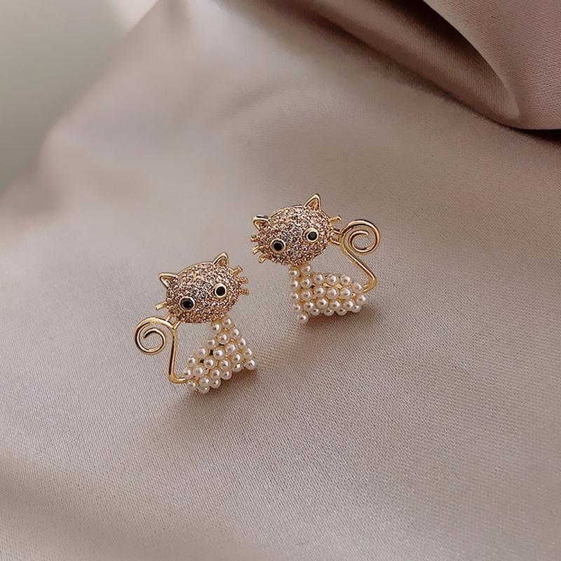 Cute Animal Stud Earrings For Women Cat Simulated Pearl Earring Kitten Horse Bird Rhinestone Earring Party Birthday Jewelry