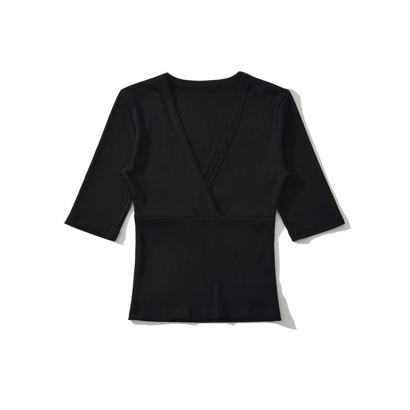 Elegante Camiseta Cruzada en V con Ceñido a la Cintura para Mujer - Capa Base de Manga Corta para Verano