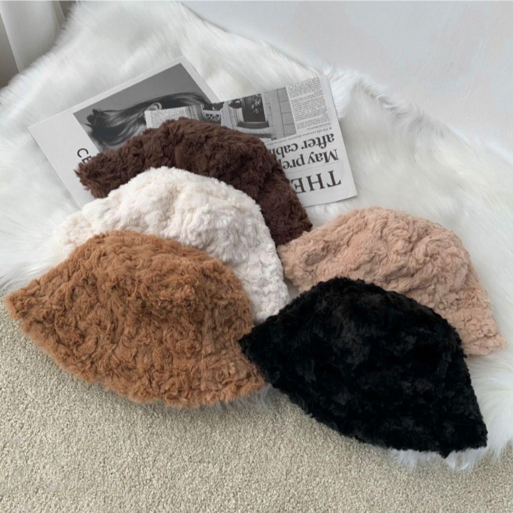 Plush Fisherman Cap Warm Basin Sun Cap Winter Plush Bucket Hat  for Women