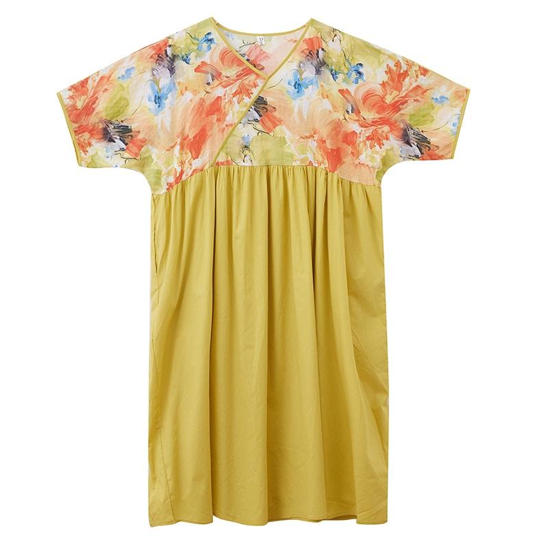 Kurzarm Plus Size Baumwolle Vintage Blumenmuster Neu in Kleidern für Damen lässig locker langes Sommerkleid