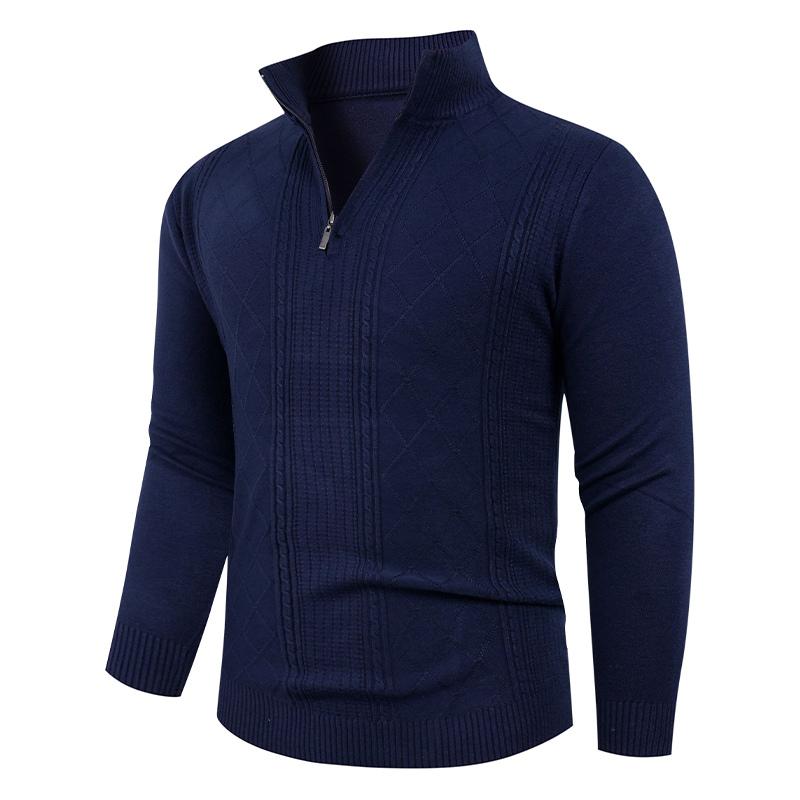 Men's Solid Color Long-sleeved Turtleneck Pullover Fashionable Semi-zipper Knit Top
