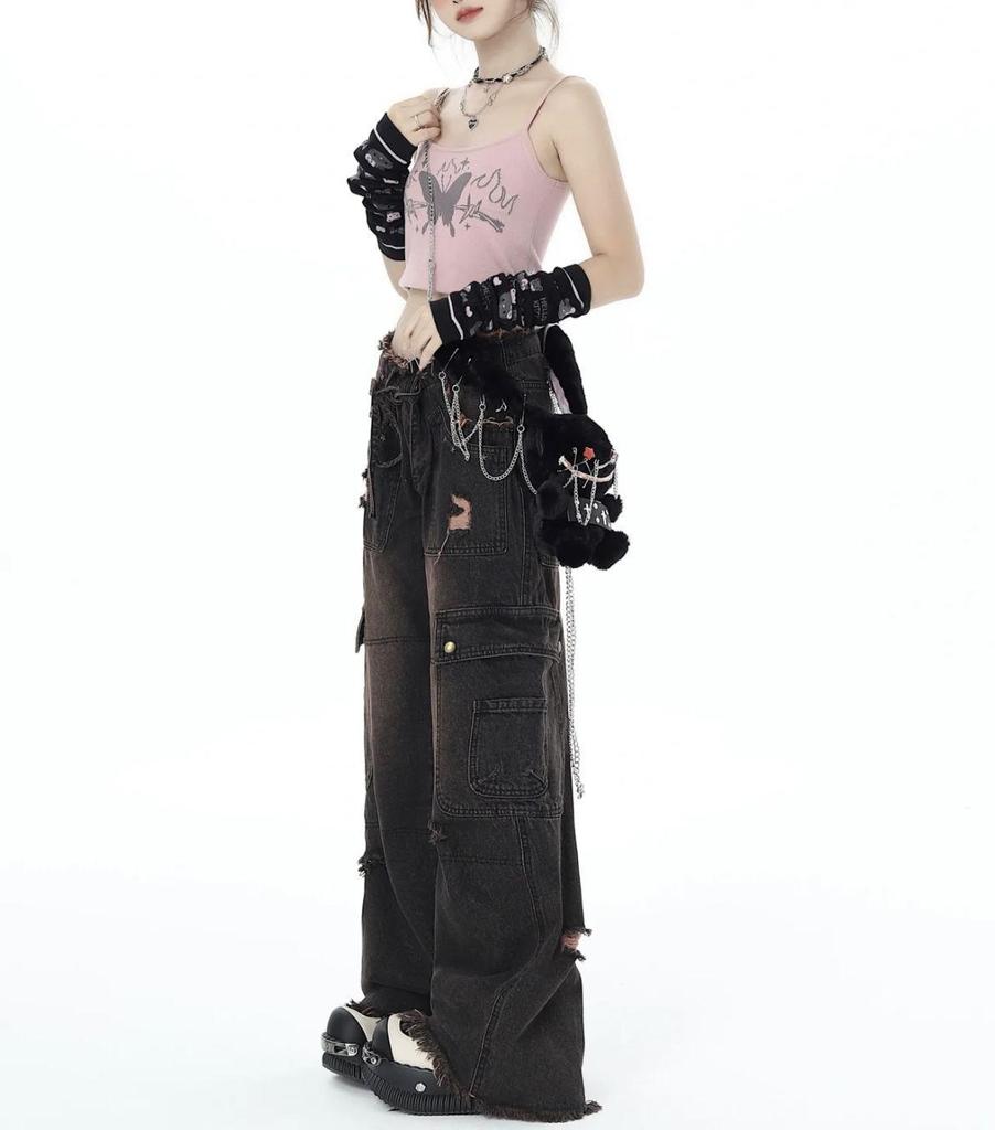 Women's High Waist Retro Frayed Jeans - Spring/Autumn 2025 Wide Leg, Floor-Length