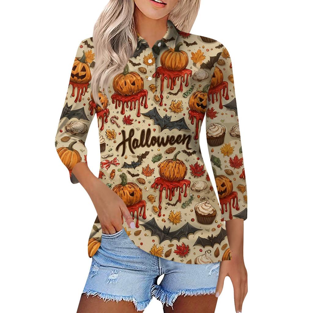 Dammode Casual Revers Kort 3/4 Ärm Halloween Tryck Skjorta Dambutton Up Toppar
