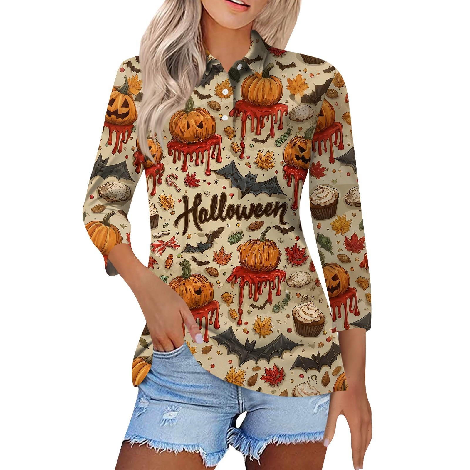 

Women s Fashion Casual Lapel Short 3/4 Sleeve Halloween Print Shirt Women s Button Up Tops L бежевий