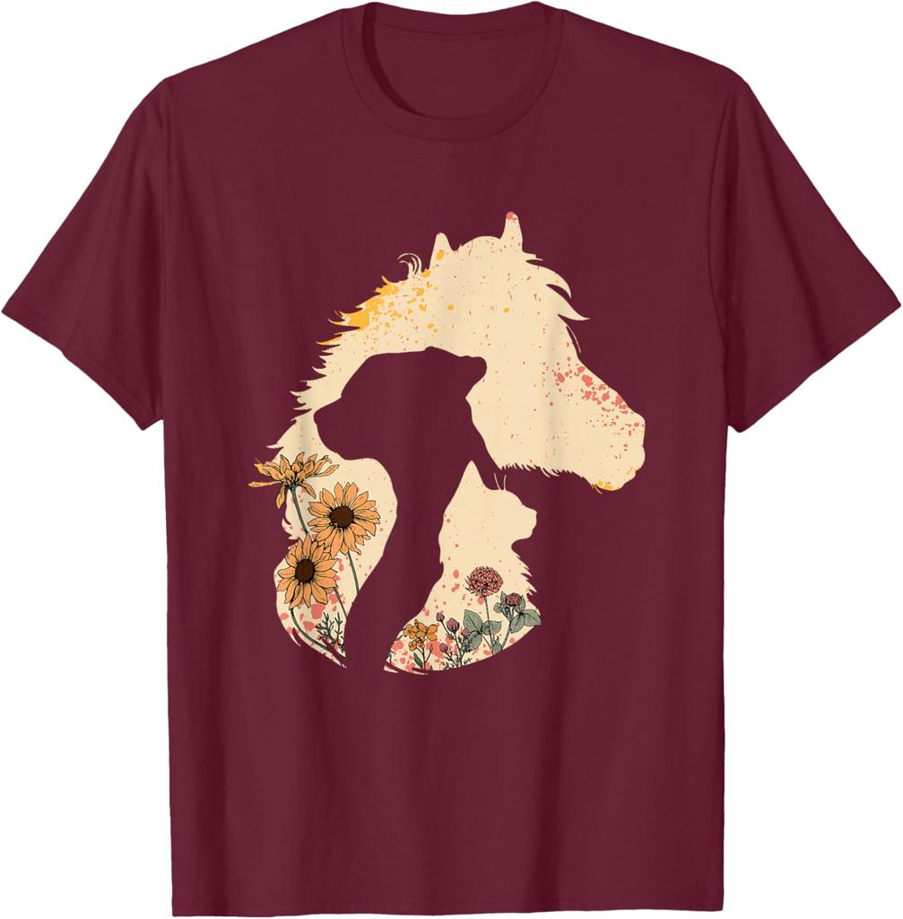 Pferd Hund Katze Silhouette Floral Boho Vintage Grafik T-Shirt Weiches Lässiges Baumwoll-T-Shirt Damen