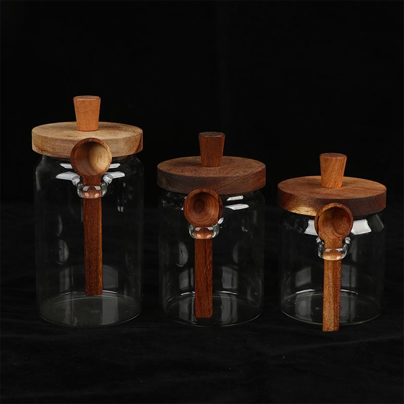 Glass Containers Food Storage Jars With Wooden Lids And Scoop Glass Sealed Jar Airtight Jar For Sugar Coffee Bean Candy