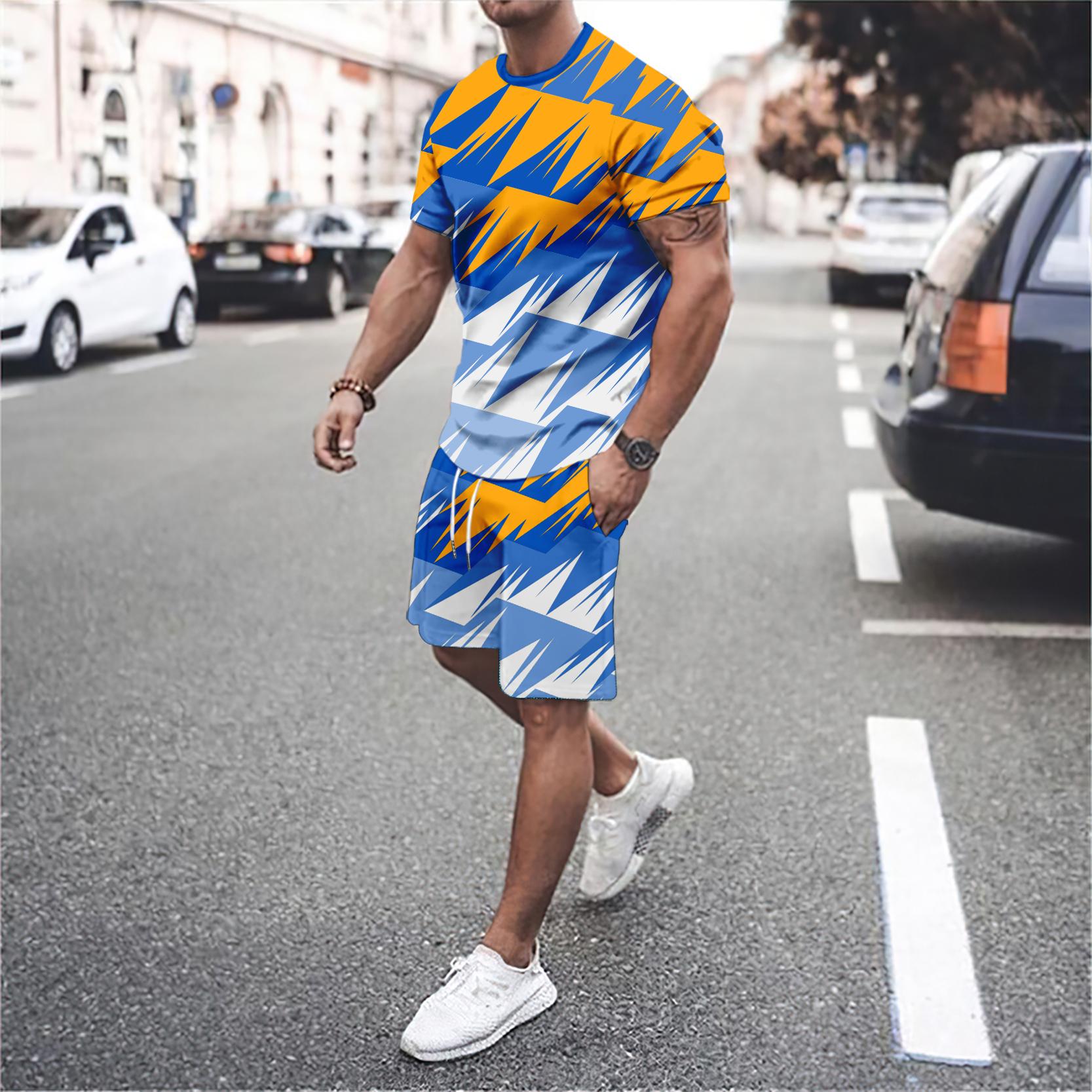 

Популярная и креативная мужская спортивная одежда, комплект из двух частей, летние шорты с короткими рукавами и круглым вырезом, мужской повседневный модный комплект с 3D сращиванием L