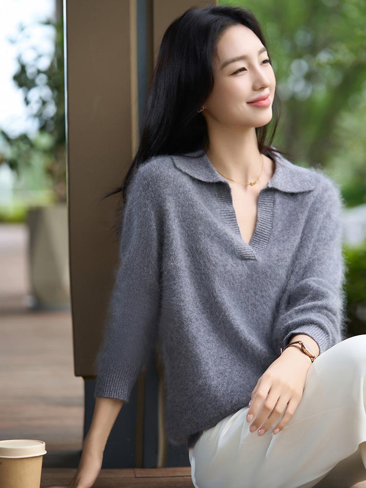 Pure Wool Lapel Knit Long Sleeve Women's Soft Brushed Base Layer for 2025 Autumn/Winter