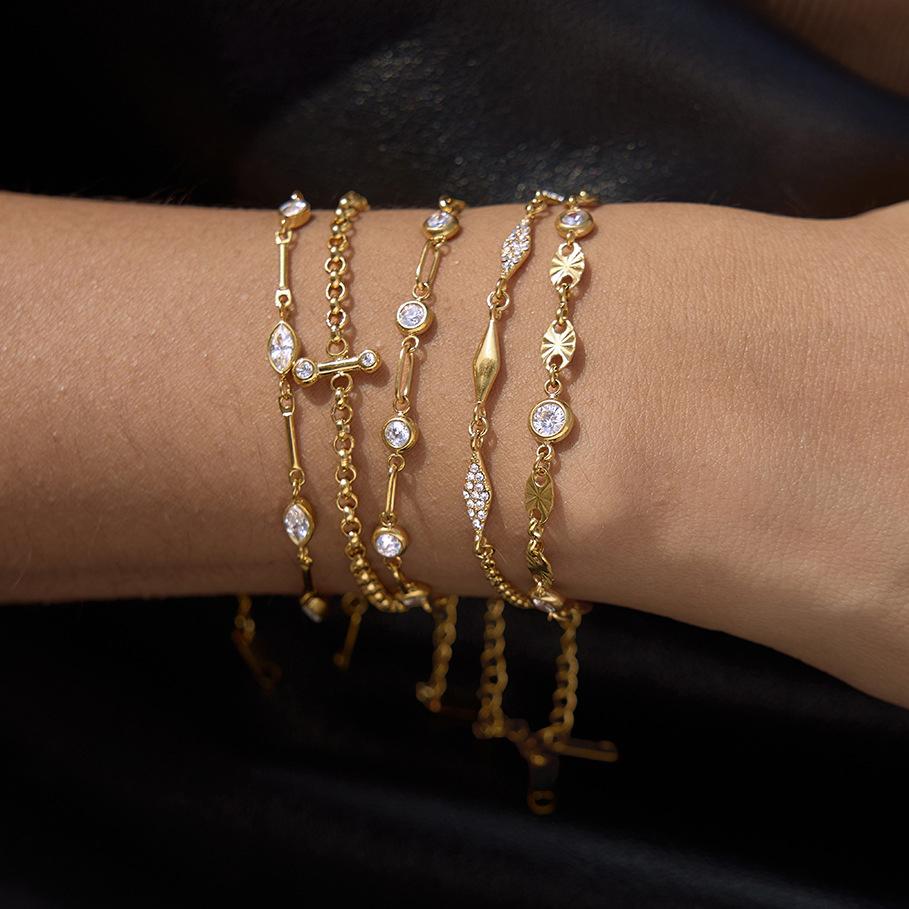 Waterproof Bracelet Trendy 18K PVD Gold Plated Stainless Steel Sparkling Zircon Stackable Chains Bracelet for Women Jewelry Gift