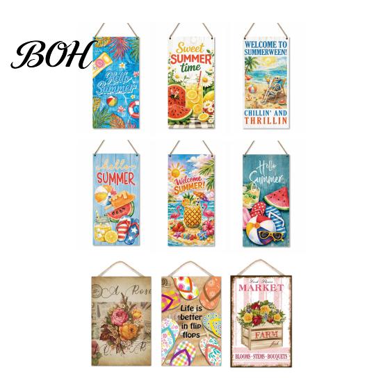 Farmhouse Wall Art Summer Wooden Hanging Sign, Welcome Sign Front Door Decor with Floral Pattern Rope, Colorful Hanger for Seasonal Beach House