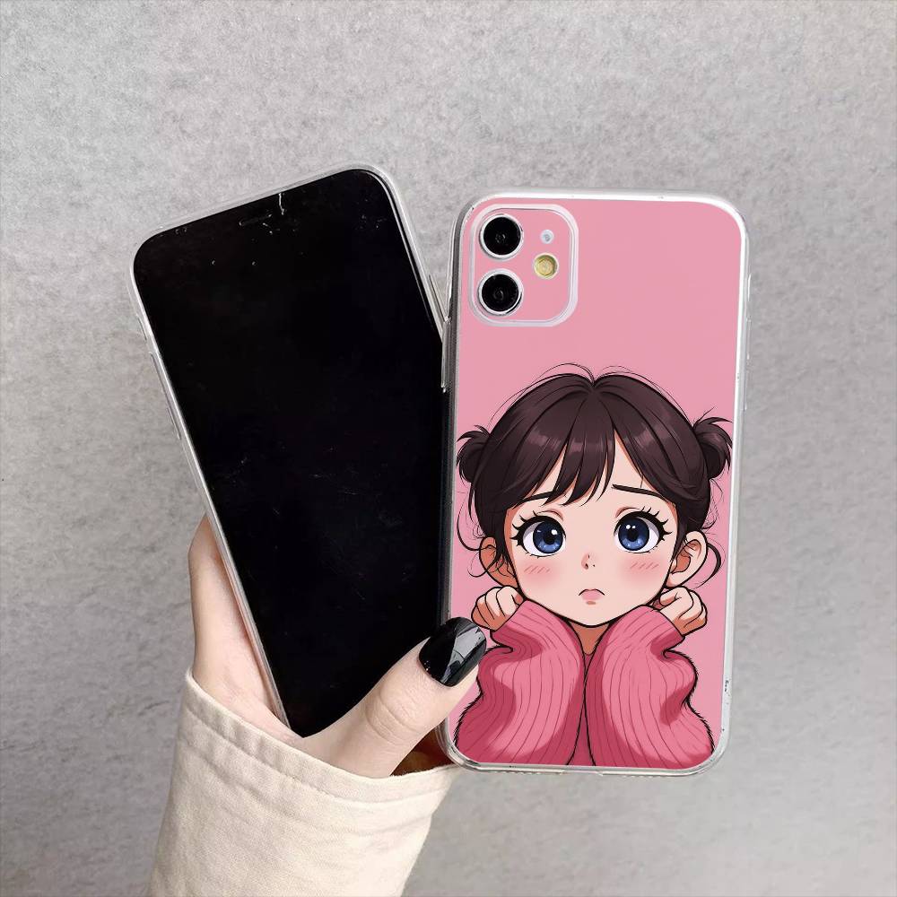 Cartoon Girl Pattern Phone Case For iPhone17,16,15,14,13,12,11 Plus,Pro Max Soft Transparent Cover