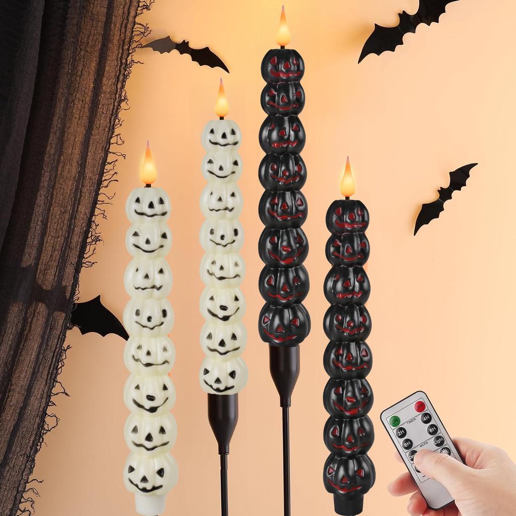 Set of 1 Pumpkin Halloween Flameless Taper Candle with Remote Flickering LED Candlestick Battery Powered for Seasonal Home Party