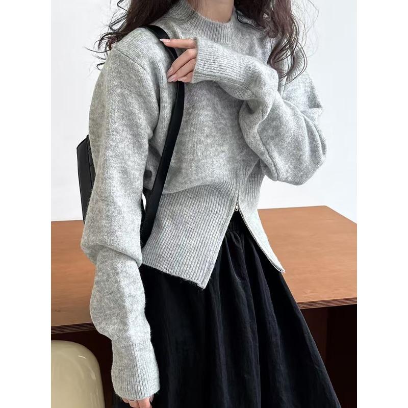 Autumn Round Neck Zipper Design Long Sleeved Knitted Sweater Loose Solid Color Casual Fashion Office Pullover Women Sweaters Female Clothing