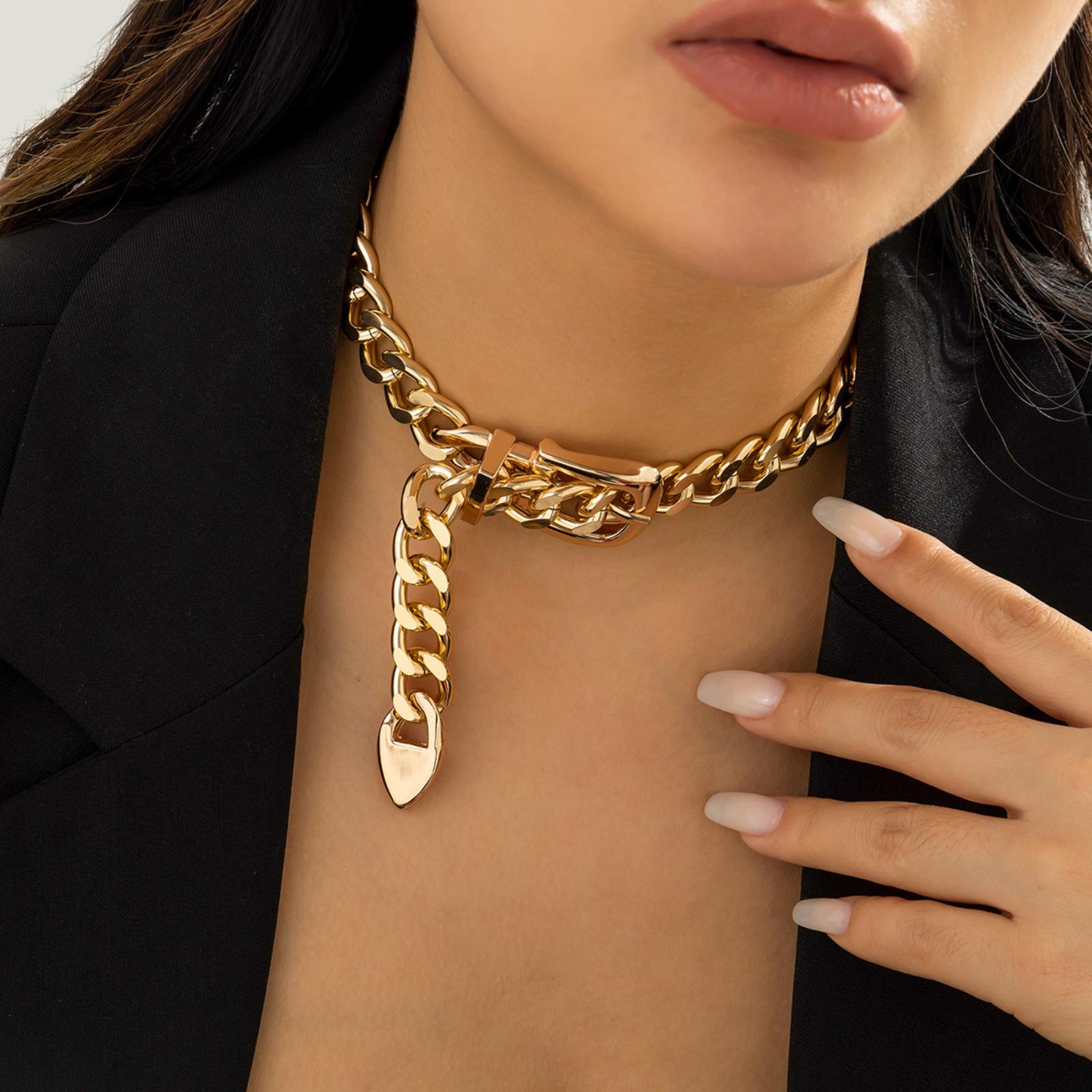 

Punk,inspired Chunky Chain Belt Buckle Clavicle Necklace For Women, Hip,hop Geometric Necklace. One Size
