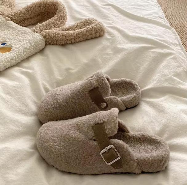 

Fashion Crestar Winter Mule Slippers For Women New Felt Suede Fleece Cotton Slippers With Adjustable Buckle Lady Casual Flat Slippers 35 хаки