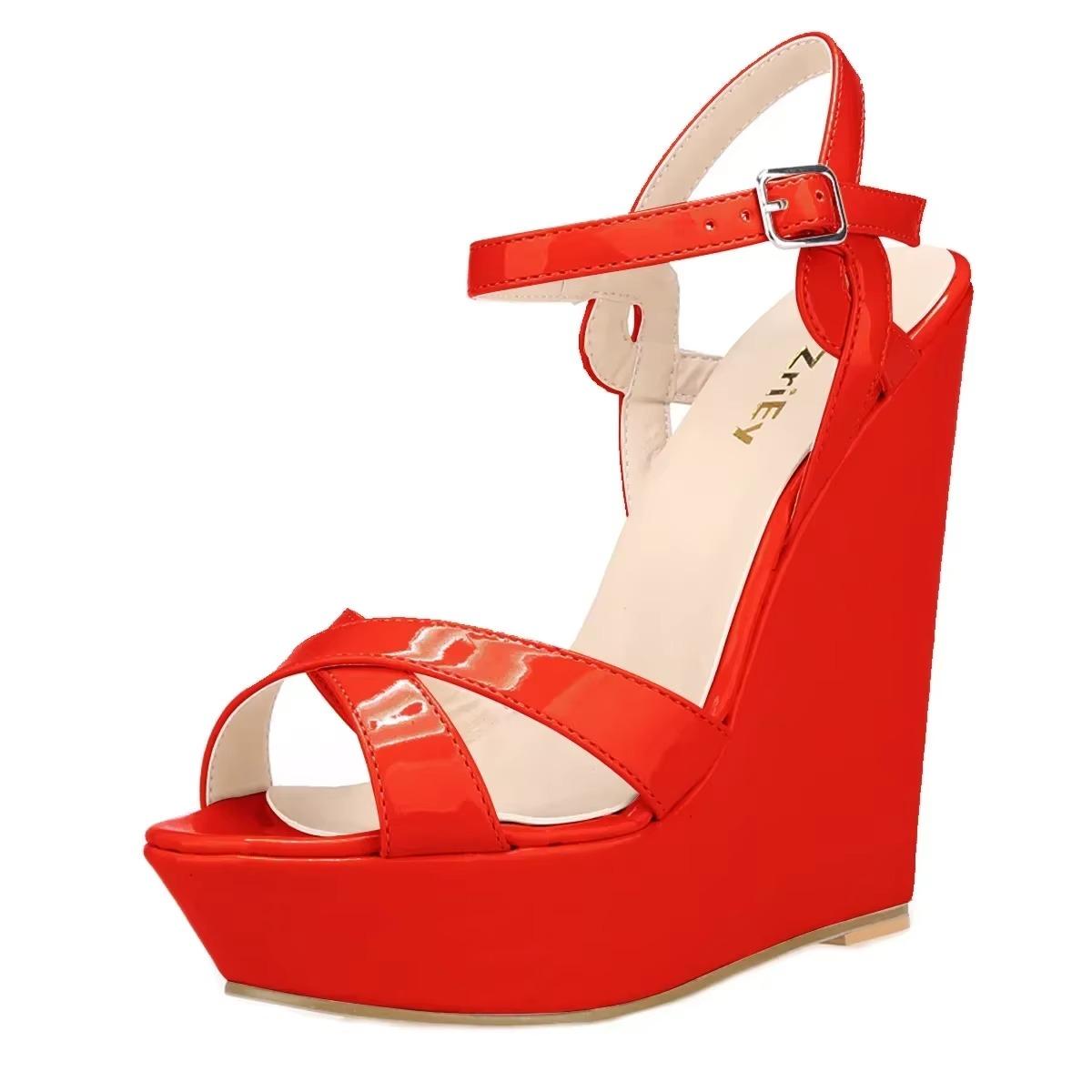 

LOSLANDIFEN Жіночі босоніжки на танкетці з відкритим носком і ремінцем на щиколотці, 14 см, жіноче взуття-гладіатор на супервисоких підборах, пряжка, літо 36 червоний