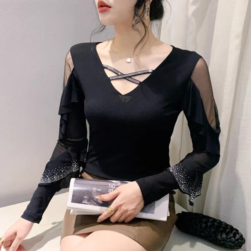 

Весна Осень Уличная одежда Девушка Футболка с оборками и горячими бриллиантами Мода Сексуальные топы из сетки с V-образным вырезом Женские футболки с длинным рукавом 3XL
