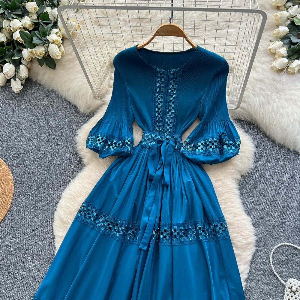 High-End Heavywork Lacing Paillette-Panel Waist-Banding Lantern Sleeve Maxi Dress for Women Autumn Charming Long Women Dress