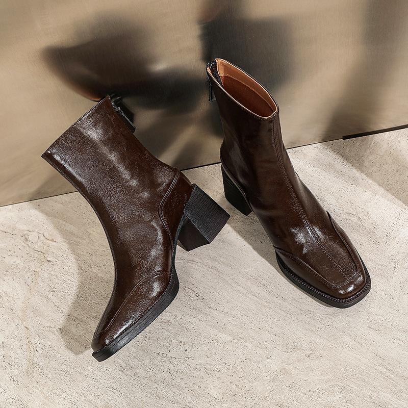Customized Women's Boots~ High Heel Short Boots Women's Boots Thick Heel Brown New Medium Tube Women's Leather Boots Winter Square Head Skinny Boots